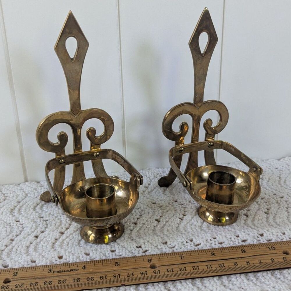 Pair of Vintage Solid Brass Swivel Wall Mount Candleholders - Gold